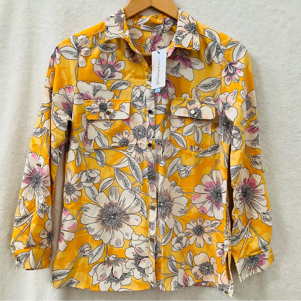 🌼4/$10🌼 NWT NOTATIONS Floral Yellow Pink Button-Up Long Sleeve Blouse